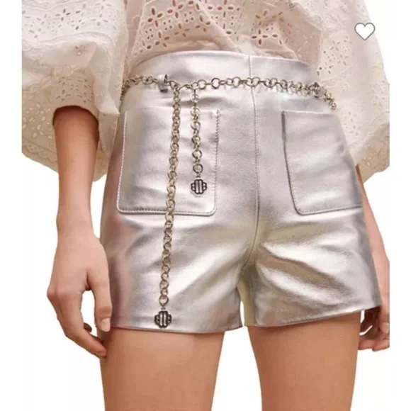 MAJE IROSUM LEATHER SHORTS Silver NWT Size-38 no belt - Picture 2 of 8